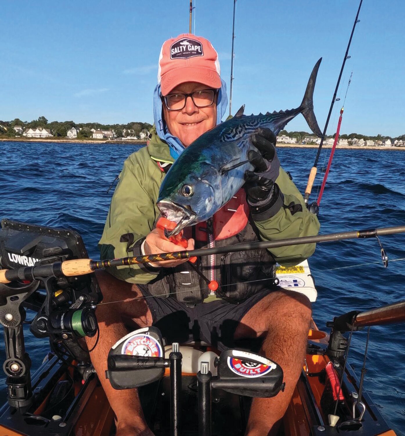 FALSE ALBACORE: Tom Houde with a false albacore caught off Narragansett from his kayak last fall. (Submitted photo)